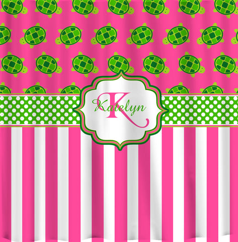 Personalized  Modern Turtles & Stripe  Shower Curtain - Hot Pink with Lime- Hot Pink Turtles -available any color - add Monogram
