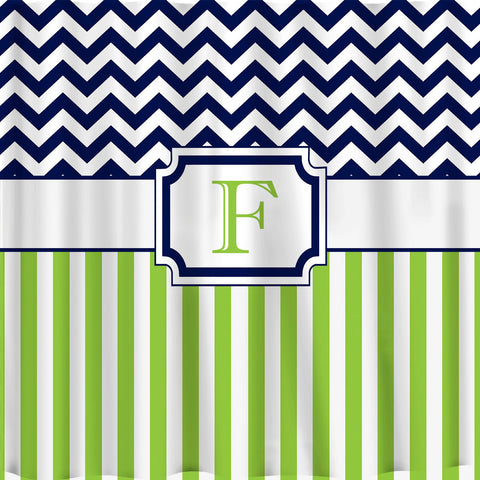 Custom Personalized Chevron Shower Curtain top Chevron and vertical stripes on the bottom.