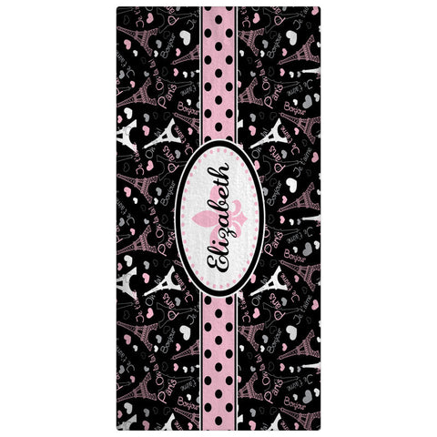 Custom Personalized Beach Towel - Paris Theme  Black with Pink & White Eiffels Pattern --Color and Personalization of your choice
