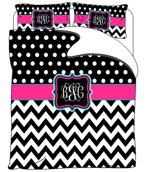 Custom Personalized Chevron & Polka Dots Duvet Cover -Available Tw-FQu-King Sizes - Color Black any accent colors