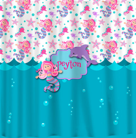 Personalized Custom Mermaid Shower Curtain -Turquoise, Pink, Purple -your name and colors