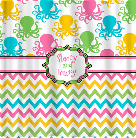 Multi-Color Octopus and Chevron Shower Curtain -Hot Pink, Lime, Turquoise, Yellow and White Combination