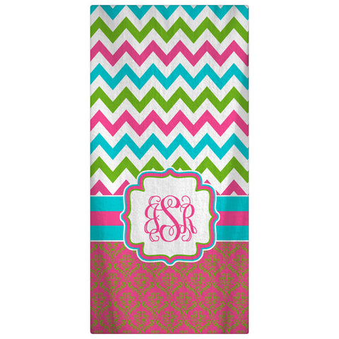 Custom Personalized Beach Towel - Damask & Chevron Pattern -Shown Hot Pink-Lime-Turquoise -Color and Personalization of your choice