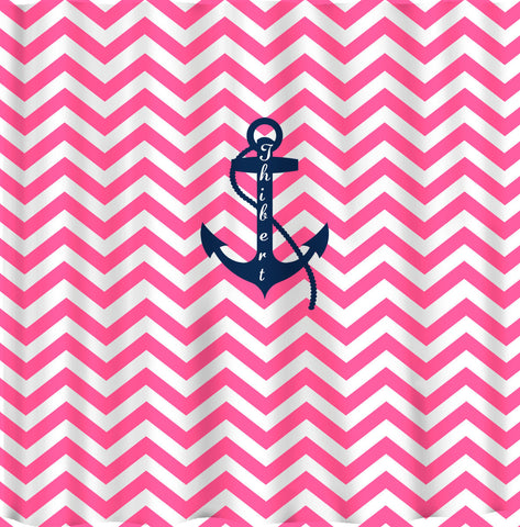 Personalized Shower Curtain -Hot Pink and White Thin or Standard Chevron with Navy Anchor -available any color stripe or anchor - add name