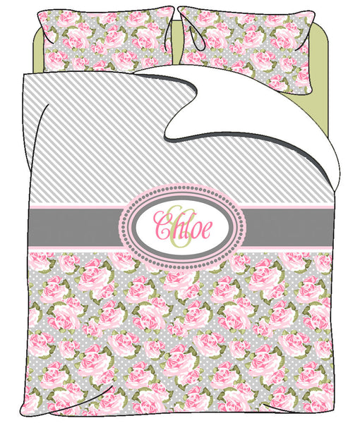 Personalized Custom Pretty In Pink Roses & Stripes  Duvet Cover with pillowcovers - Available Twin, Queen or King Size