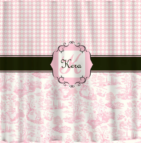 Personalized Shower Curtain -Custom with your Name or Initials -Diamonds and Pink Toile Combo