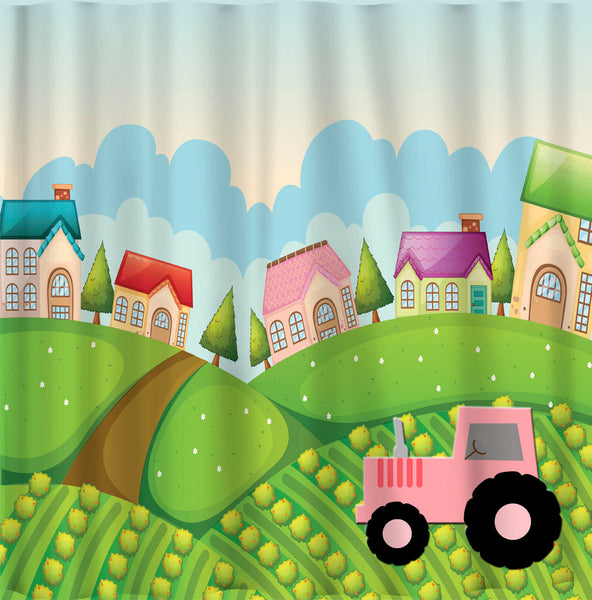 Personalized Shower Curtain - Pink Tractor & Farm Hill Theme - Standard or Ex Large
