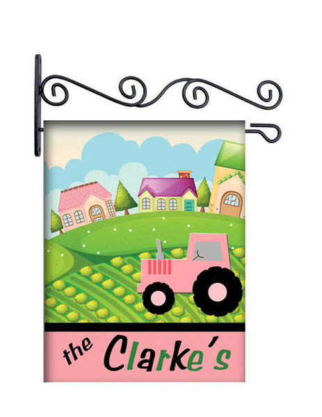 Pink Tractor Farm Hill Personalized Yard Flag