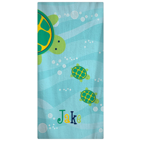 Personalized  Modern Turtles Towels - Navy with Lime and Yellow Accent  on Ocean Blue Waves -add Monogram available Hand , Bath and Beach