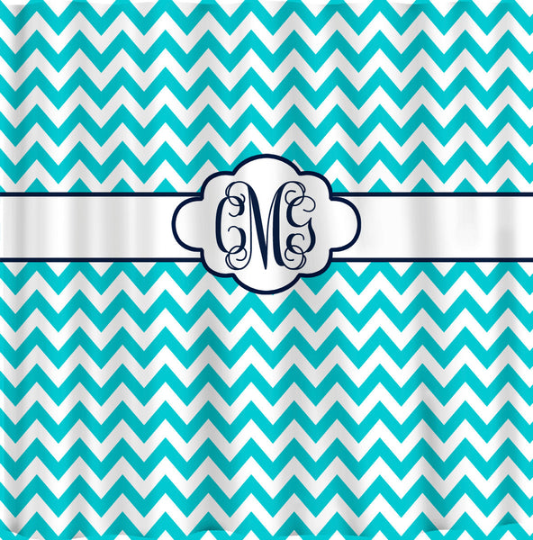 Personalized Shower Curtain -Pool Blue & White Chevron with Navy accents