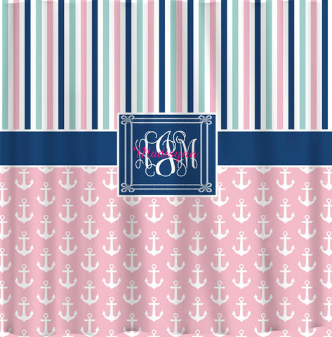 Anchor and Stripe Designer Shower Curtain- Personalized - Any color - available sizes 70x70 0r 70x90"