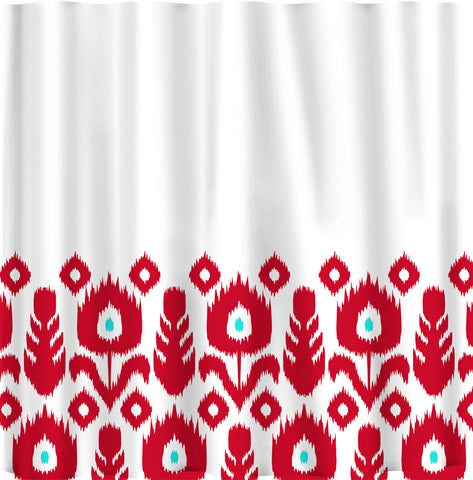 Custom Personalized Ikat Bottom Shower Curtain - your colors - show Red with Turquoise Dot Accents