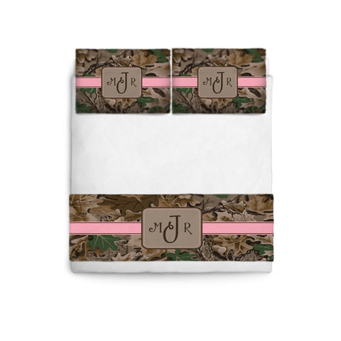Custom Personalized Camo Theme Bed Runner Scarf & coordinated Pillows- - Tw,Qu,Ki  Shown Blush Pink and Turquoise