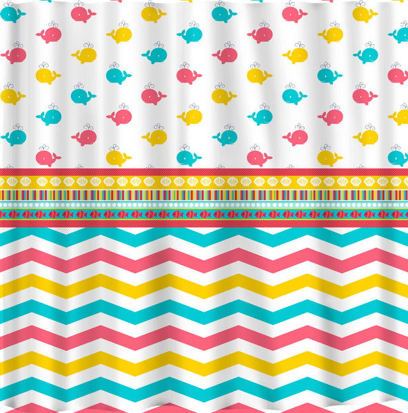Custom Whales and Chevron Shower Curtain in Coral, Turquoise and Yellow- Standard or ExLong