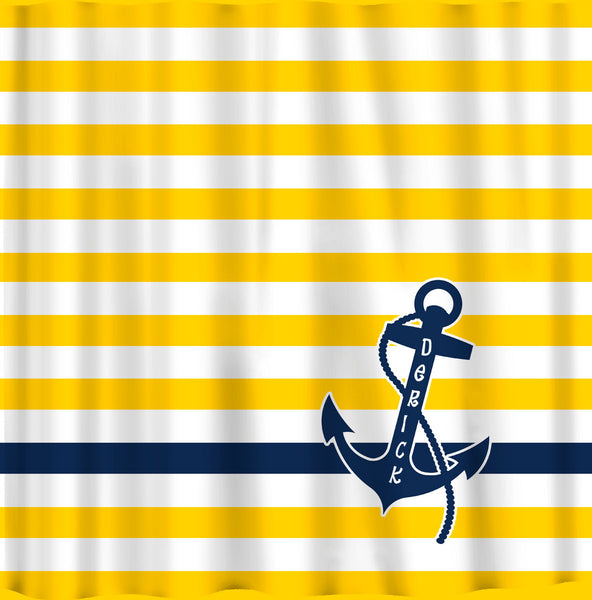 Personalized Shower Curtain Yellow and White Bold Stripe with Navy Anchor