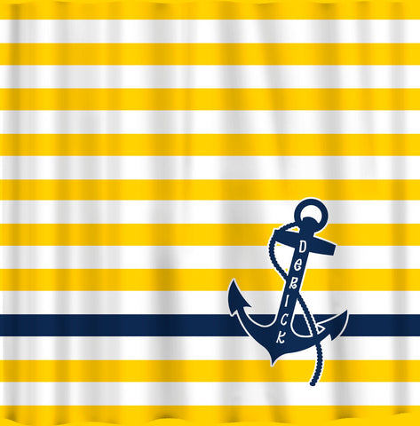 Personalized Shower Curtain - Yellow and White Bold Stripe with Navy Anchor -available any color stripe or anchor - add name