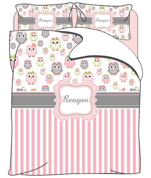 Owls and Stripe Custom Personalized Bedding- Available Twin, Queen or King Size- Any Colors