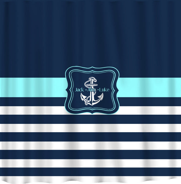 Personalized Shower Curtain - Navy Half Solid- Navy & Wht Stripes with Anchor -available any color stripe or anchor - add name