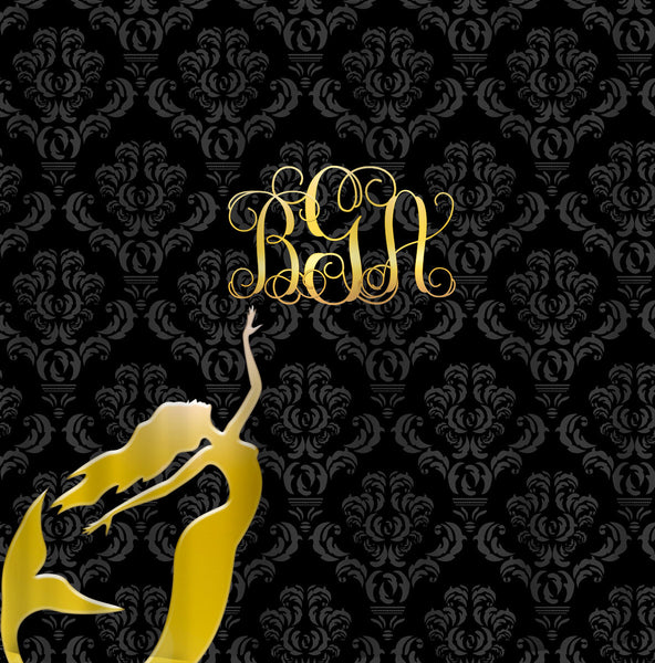 Custom Personalized Metallic Gold EFFECT Mermaid Monogram Shower Curtain - Black Quatrefoil or Black Damask - two sizes