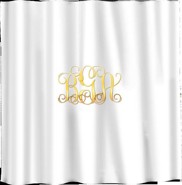 Custom Personalized Metallic looking Monogram Shower Curtain -White Background- two sizes