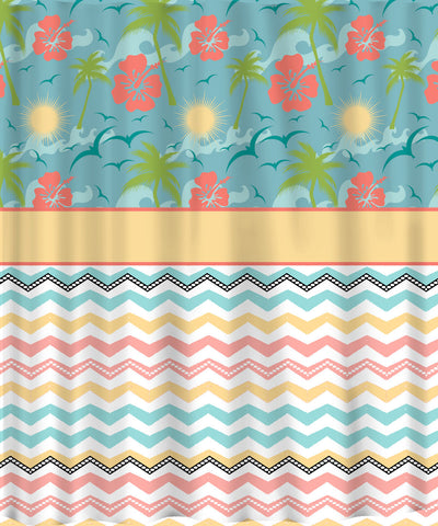 Custom Personalized Shower Curtain - Tropical Flowers & Fancy Chevron in Muted Beach Colors- add name