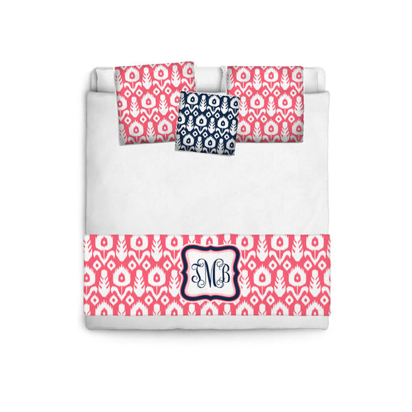 Custom Personalized Bed Runner - Scarf - Coral and White Ikat with Navy Accent- 3 bedding sizes