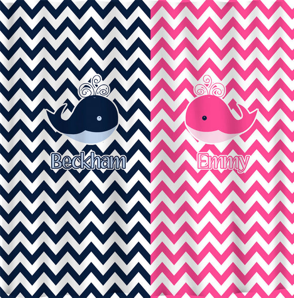 Personalized Shower Curtain -Hot Pink and Navy -Shared Curtain available Chevron children's whale theme