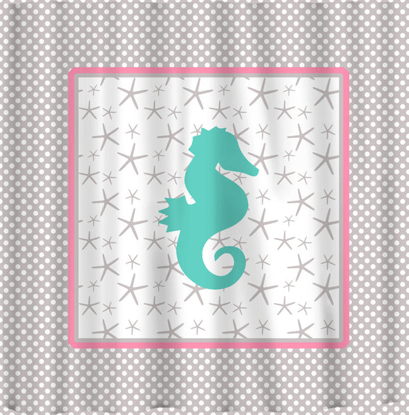 Monogrammed Seahorse Starfish and Polka Dot Shower Curtain - Personalized - Any Color