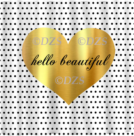Hello Beautiful Metallic Gold EFFECT Heart Shower Curtain - Available two sizes
