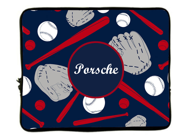 Personalized Monogram Designer Style Laptop Sleeves -Navy Red and white softball Design- 13"and 17"
