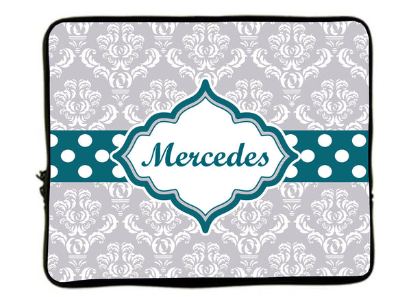 Personalized Monogram Designer Style Laptop Sleeves - Grey Damask & Teal Polka Dot divider-13 Inch  and 17 inch