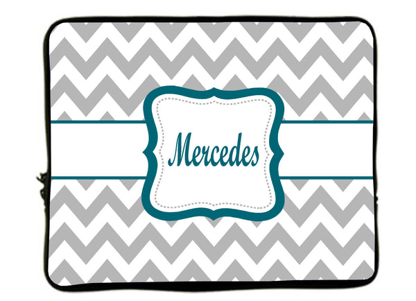 Personalized Monogram Designer Style Laptop Sleeves - Chevron GREY with teal monogram - 13"  and 17"