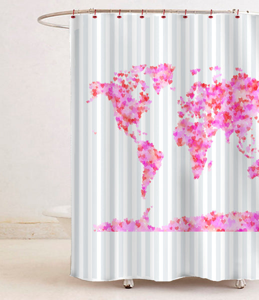 Custom Shower Curtains -World of Love on Grey Stripes- Standard or Extra Long