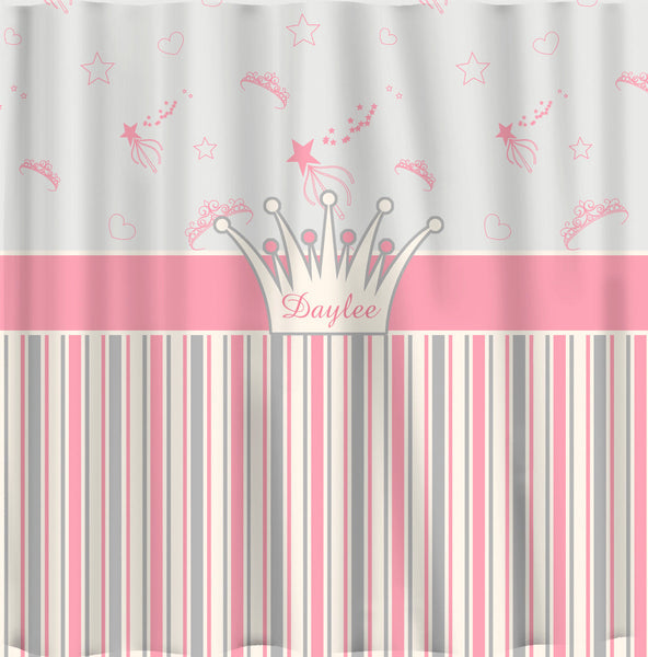 Tiaras and Stripes Shower Curtain - Princess Theme in Pink, Grey & Off White - Personalized