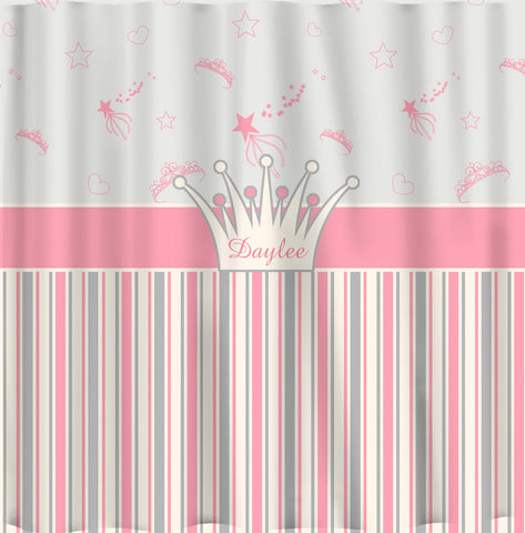 Tiaras and Stripes Shower Curtain - Princess Theme in Pink, Grey & Off White - Personalized