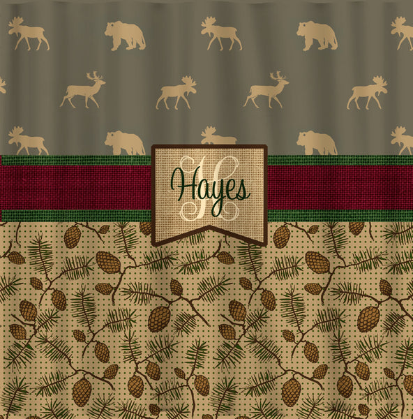 Custom Personalized Designer Shower Curtain -Lodge Animals and Pine Cones with Burlap Accents- Std and Ex Long