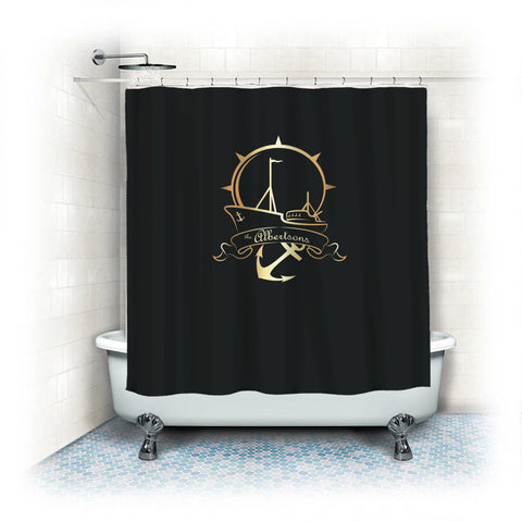 Personalized Shower Curtain - Gold Effect Nautical Theme and Anchor on Charcoal -Can do any colors on color - your name