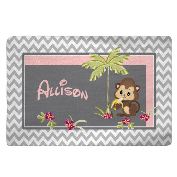 Monkey Theme Plush Fuzzy Area Rug -Grey and White  Chevron with Pink Accent- Size 48x30, 60x48, 96x44. 96x60-Other Colors available