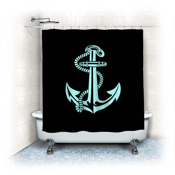 Personalized Shower Curtain - Black with Lt Aqua Anchor -available any colors- add name