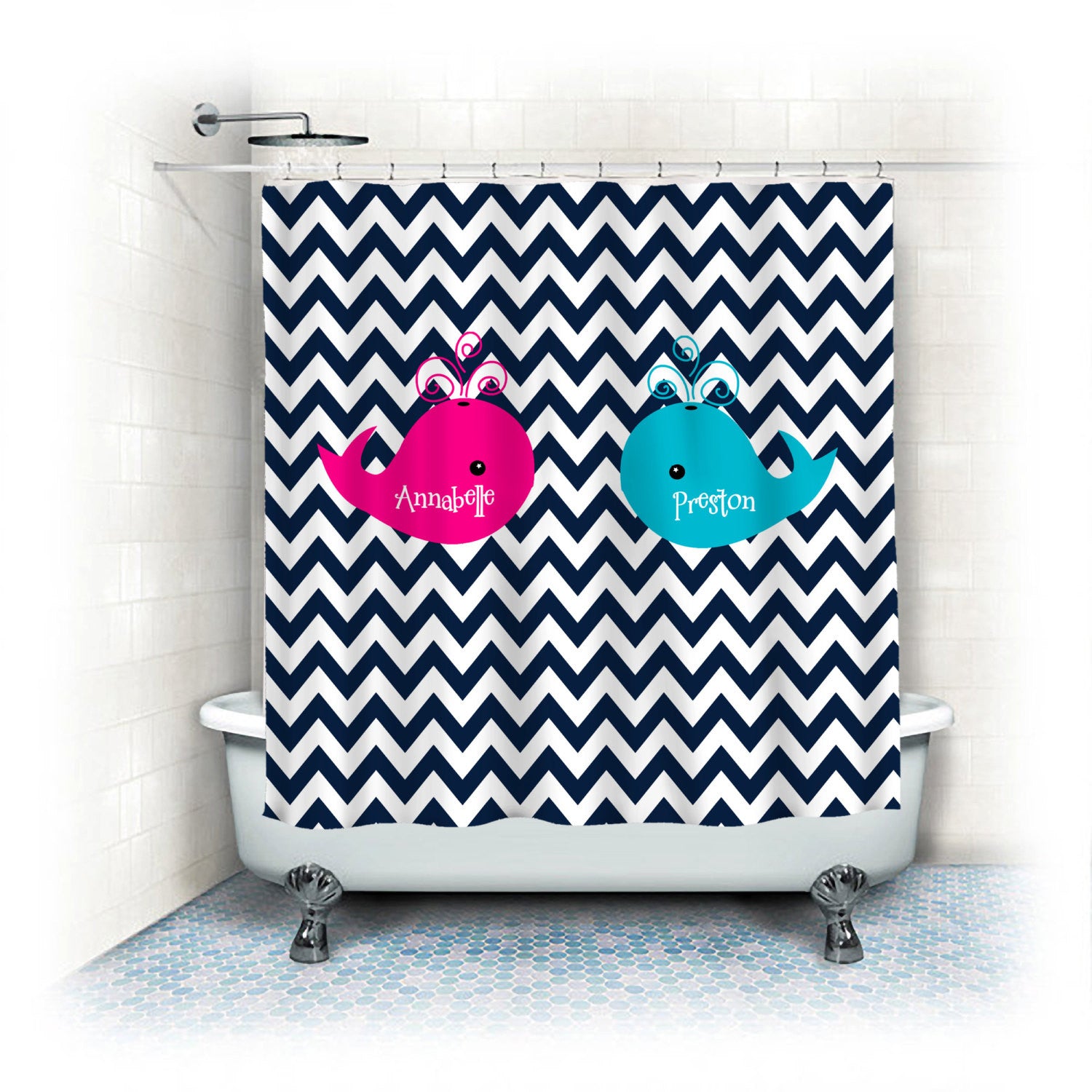 Shower Curtain Navy Blue Chevron With