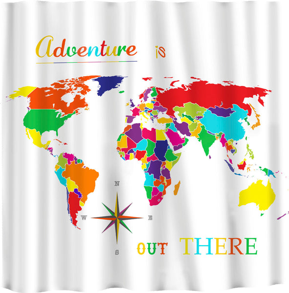 Brights World Map Shower Curtain -Adventure is Out There Novelty Saying - Shown White or Med Blue Versions