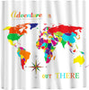 Brights World Map Shower Curtain -Adventure is Out There Novelty Saying - Shown White or Med Blue Versions
