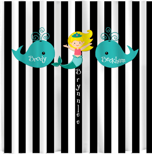 Whales and Mermaid Shared Shower Curtain -Black and White Bold Stripe - Turquoise Whales and Blonde Mermaid
