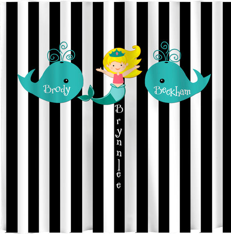 Whales and Mermaid Shared Shower Curtain -Black and White Bold Stripe - Turquoise Whales and Blonde Mermaid