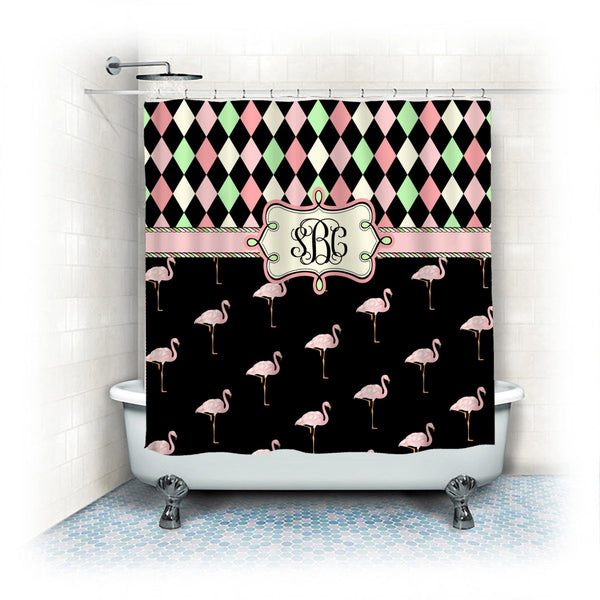 Personalized Designer Shower Curtain - Harlequin & Pink Flamingos, Two Sizes available