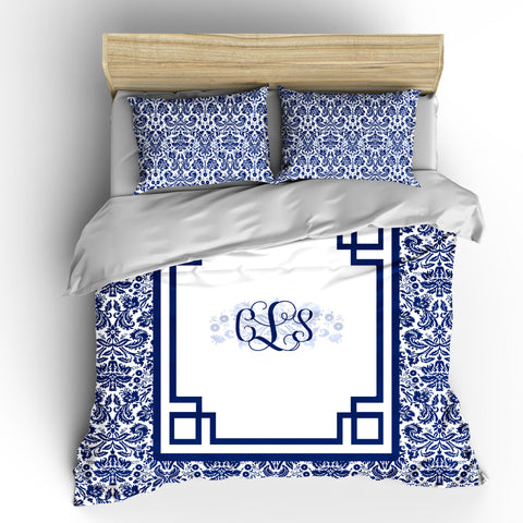 Personalized Custom Damask and Inverted Greek Frame Designer Bedding -  Navy Blue & White Duvet Cover or Comforter Option