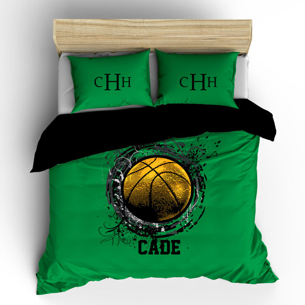 Monogrammed Basketball bedding- Ball with Splash Celtic Green Colors - Personalized with your initials - Toddler, Twin, Queen or King Size