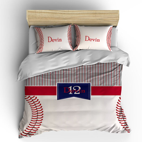 Monogrammed Baseball Stripes and Stitches Bedding - Stripe top - stitch look baseball bottom - Your monogram - can change colors