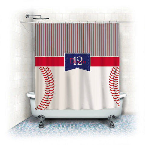 Monogrammed Baseball Stripes and Stitches Shower Curtain- Stripe top - stitch look baseball bottom - Your monogram - can change colors