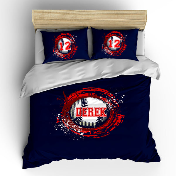 Monogrammed Baseball Bedding - Shown Navy & Red, Also Royal and Orange  -Personalized with your initials or instructions - Any Colors